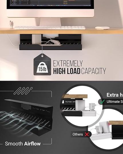 Under Desk Cable Management Tray no Drill – Wire Management - Cord Organizer – Huge Load Capacity – Under Desk Cable Tray no Drill (Black, 1 Piece Set)