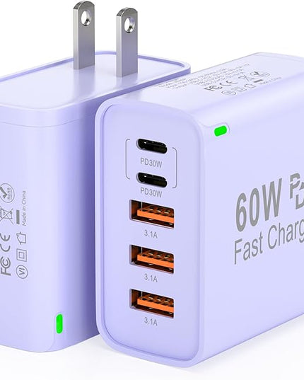 2Pack USB C Fast Charger Block, 60W 5-Port USB C Wall Charger 30W Type C Charging Block, 2USB C+3USB A PPS/PD 3.0 Multiport Charging Cube for iPhone 17 16 15 14 Pro Max,for Galaxy S25 S24 Ultra, i Pad