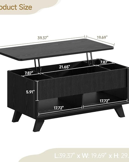 ONBRILL Farmhouse Lift Top Coffee Table, Mid Century Modern Coffee Table with Hidden Storage Compartment, Fluted Rising Pull up Wood Modern Center for Living Room, Office, Black