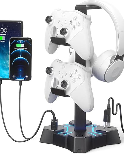 KDD Headphone Stand with USB Charger, Controller Stand for Desk, Headphone Holder with 2 USB Charging Ports and 3 AC Outlets, Accessories for Desktop(Black)