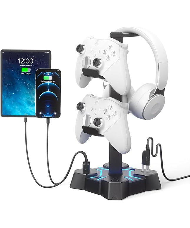 KDD Headphone Stand with USB Charger, Controller Stand for Desk, Headphone Holder with 2 USB Charging Ports and 3 AC Outlets, Accessories for Desktop(Black)