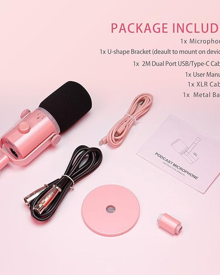 FEELWORLD PM1 XLR USB Dynamic Microphone with Desktop Stand Gifts for Podcast Recording PC Computer Gaming Streaming Vocal Voice-Over, Studio Metal Mic, RGB Light, Mute Button, Headphones Jack (Pink)