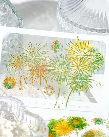 Holographic Fireworks Stickers for Journaling and Crafts, 12 Sheets Transparent PET Stickers for Scrapbooking, Junk Journal Supplies, Collage, DIY Paper Arts Decorative