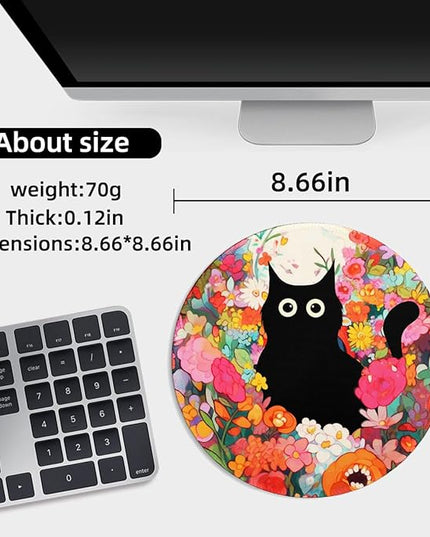 Black Cat Flower Small Mouse Pad, Cute Aesthetic Anime Mousepad with Non-Slip Rubber Base, Round Mouse Pads for Desk Accessories Laptop Gaming Office Supplies Decor(8.6 x 8.6 Inch)