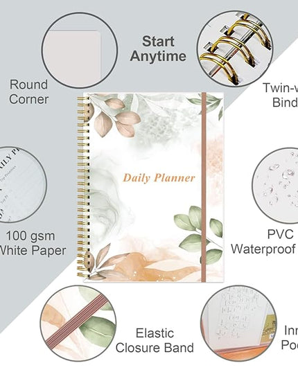 Daily Planner Undated - B5 To Do List Notebook Hourly Schedules, Spiral Appointment Planner for Women and Men, PVC Hardcover, Inner Pocket, Elastic Closure, 7" x 10", Rose Leaf