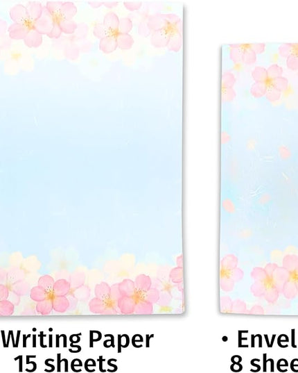 Japanese Cherry Blossom Stationery Paper and Envelopes Set, Made in Japan,15 Sheets, 8 Envelopes (Blue Sky), Elegant Washi Paper for Writing, Crafts,Gift
