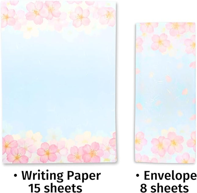 Japanese Cherry Blossom Stationery Paper and Envelopes Set, Made in Japan,15 Sheets, 8 Envelopes (Blue Sky), Elegant Washi Paper for Writing, Crafts,Gift