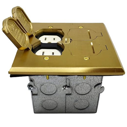 SLFB-2G-TR20-BR 20A Receptacle Outlets, Tamper Resistant Electrical Floor Box with Flip Lid and Brass Cover, Retractable Recessed Socket for Kitchen, Countertops & Floors