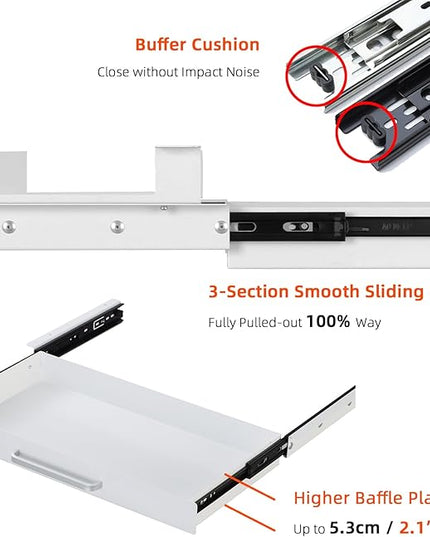 OSteed Under Desk Drawer White 21" with 4 Divider Trays, Under Shelf Pencil Drawer Pull-out, Standing Desk Metal Storage Attachment Slide Out for Workbench