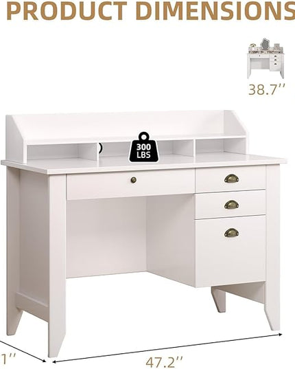 4 EVER WINNER White Desk with Drawers, Small Desk with File Drawer for Small Spaces, Writing Desk with Monitor Stand Wood Table for Home Office, White