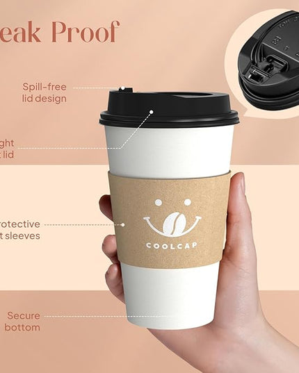 Coolcap Coffee Cups with Lids and Sleeves, 16 oz 50 pack To Go Cups with Lids, Paper Hot Coffee Cups for Hot & Cold Beverage (White, 16 oz)