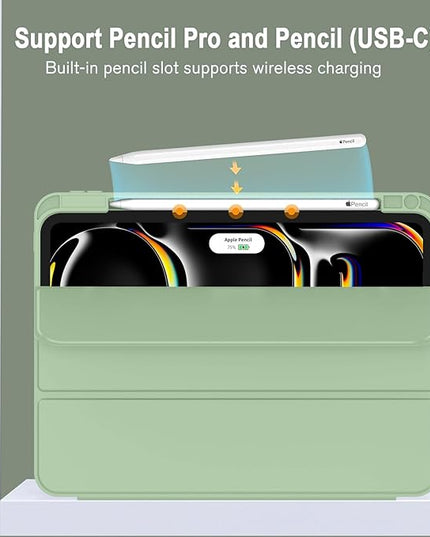 ZryXal iPad Pro 11 Inch Case (M5) 2025/ (M4) 2024 (Model: A2836/A2837/A3006), Trifold Stand Smart Cover with Pencil Holder and Soft TPU Back, Auto Wake/Sleep (Matcha Green)