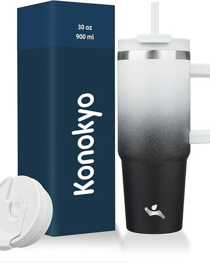 30 oz Tumbler with Handle and 2 Straws,2 in 1 Lid Insulated Water Bottle Stainless Steel Travel Coffee Mug,Day Night