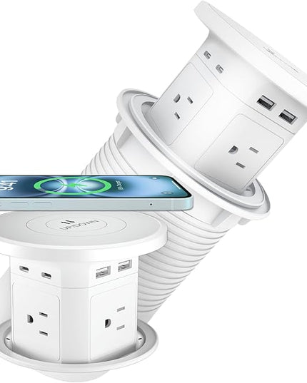 9-in-1 Pop-Up Outlet with Wireless Charging – 4 AC & 4 USB Ports, 2500W Overload Protection, 100-240V Global Voltage, 4-1/8" Cutout – Hidden Countertop Power Hub for Kitchen, Office, etc.（2-Pack）