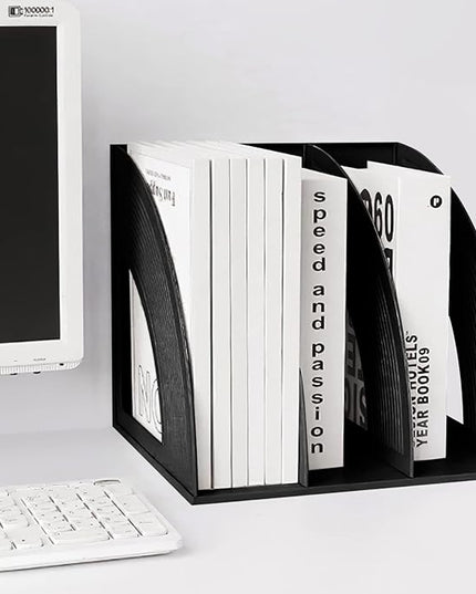 SAYEEC Magazine Holder Sturdy Binder Holder Desk File Sorter Plastic File Folder Organizer Stand Book Shelf Dividers Vertical Storage Rack Desktop Bookshelf Display Box for Office School Home (Black)