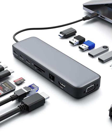 USB C Hub Laptop Docking Station Dual Monitor,14 in 1 Multiport Adapter with 4K HDMI,VGA,8 USB C/A Ports,100W PD Fast Charging,Audio&Mic,SD&TF,USBC Dongle for MacBook/Dell/HP/Lenovo ThinkPad/Surface