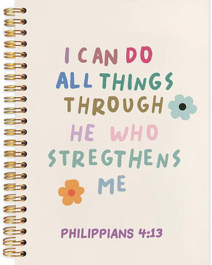 Christian Spiral Journal Notebook 5.5x8.3in, I Can Do All Things Through He Who Strengthens Me，Philippians 4:13 Bible Journal, Cute Floral Bible Notebooks for Note Taking, Hardcover Notebook