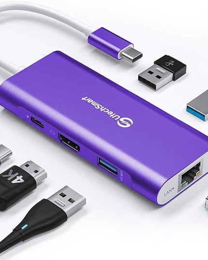 UtechSmart USB C Hub, Ethernet Multiport Adapter 6 in 1 USB C to HDMI Dock Compatible for MacBook Pro/Air, Chromebook, Dell XPS, HP and Type C Devices Dark Purple