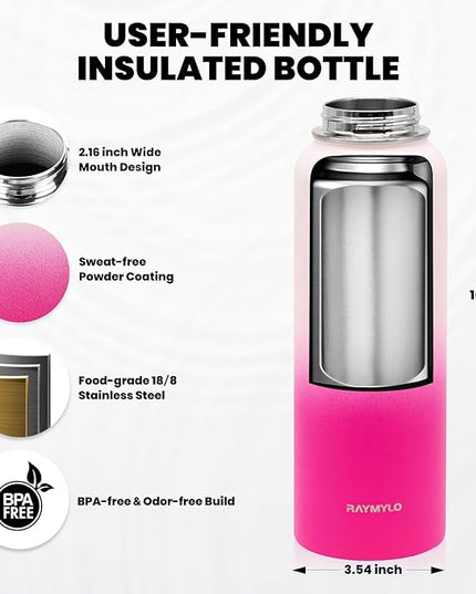 Insulated Water Bottle 40 oz, Triple Wall Vacuum Stainless Steel (Cold for 48 Hrs), Leak Proof & Non-BPA, Modern Water Flask Jug with Paracord Handle & Straw Spout Lids, Ombre Pink