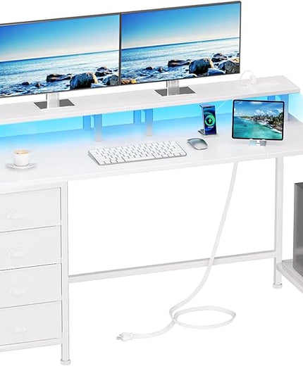 Furologee 55" White Computer Desk with 4 Fabric Drawers & Monitor Stand, Gaming Desk with Power Outlets - LED Lights, Home Office Space-Saving Study Table for Bedroom Small Spaces