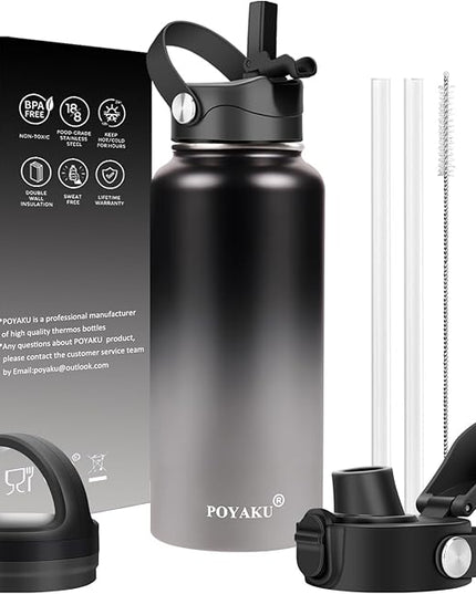 Water Bottle Insulated 32oz 40oz 64oz 128oz Straw Lid Spout Lid & 3 Lids, Leak Proof, Vacuum Insulated,Stainless Steel Water Bottle Wide Mouth for Sports, Gym or Office