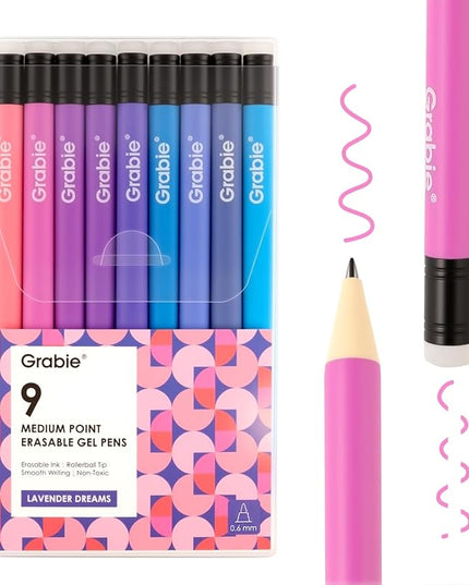 Grabie Erasable Gel Pens, 9 Colors Erasable Pens Multicolor, Make Mistakes Disappear, 0.6mm Medium Point Rollerball Tip Colored Pens for Drawing Writing Planner, Smooth Writing (Lavender Dreams)