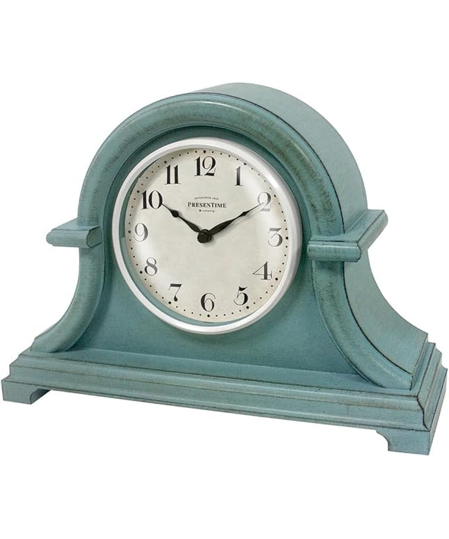 Presentime & Co. Mantel Clock Vintage Farmhouse Series, Napoleon Desk & Shelf Clock, 13 x 10 inch, Domed Lens, Quartz Movement, ABS Plastic Case, Aged Teal Finish (Home/Tabletop Decoration)