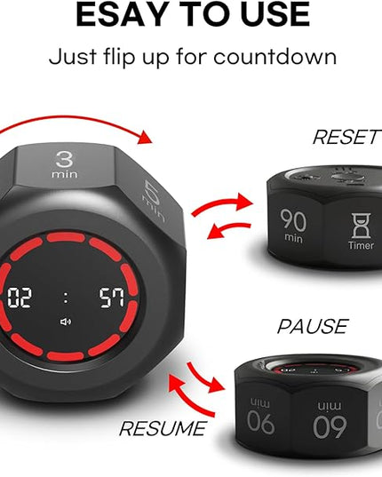 Pomodoro Timer, Flip Cube with 7 presets Countdown, Count up, Rechargeable Small Portable Visual Focus Stopwatch for ADHD, Kids, Classroom, Kitchen, Work, Study, Productivity (Space Grey)