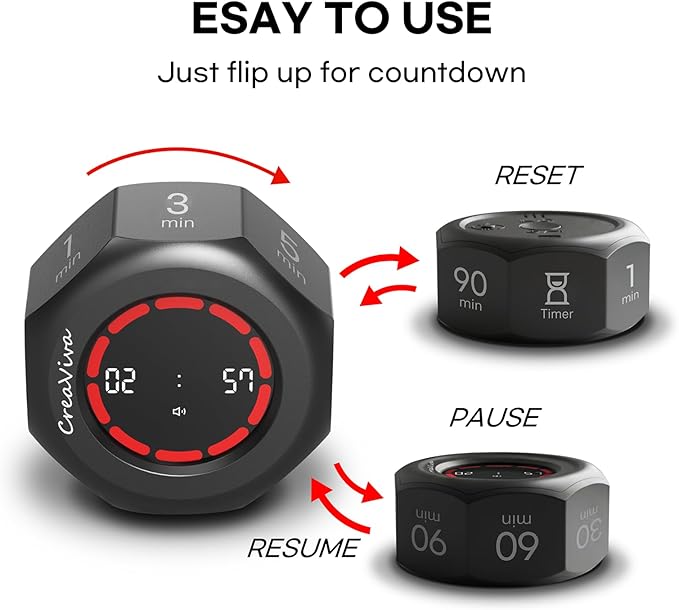 Pomodoro Timer, Flip Cube with 7 presets Countdown, Count up, Rechargeable Small Portable Visual Focus Stopwatch for ADHD, Kids, Classroom, Kitchen, Work, Study, Productivity (Space Grey)