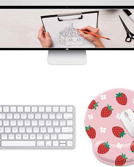 Pink Mouse Pad with Wrist Rest, Cute Strawberry Ergonomic Gel Mousepad Wrist Support, Computer Gaming Mouse Pad with Pain Relief Non-Slip PU Base for Desk Accessories Office Decor Supplies