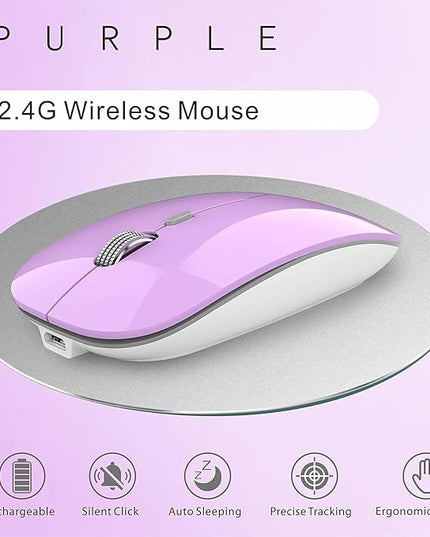 Uciefy Q5 Slim Rechargeable Wireless Mouse, 2.4G Portable Optical Silent Ultra Thin Wireless Computer Mouse with USB Receiver and Type C Adapter, Compatible with PC, Laptop, Desktop (Purple)