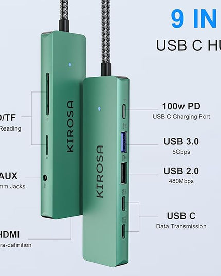 9 in 1 USB C Multiport Adapter for MacBook Air/Pro - USB C to 4K HDMI Hub Dongle with 100W PD USB3.0 - Portable USBC Hub Compatible with Laptops and Other Type C Devices