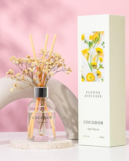 COCODOR Flower Reed Diffuser Set / 3.4oz / April Breeze/Scent Diffuser with Sticks Home Fragrance Reed Diffuser for Bathroom Shelf Decor