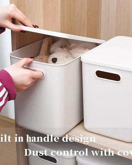 Plastic Storage Baskets With Lid Organizing Container Lidded Knit Storage Organizer Bins for Shelves Drawers Desktop Closet Playroom Classroom Office (4L, Light grey)