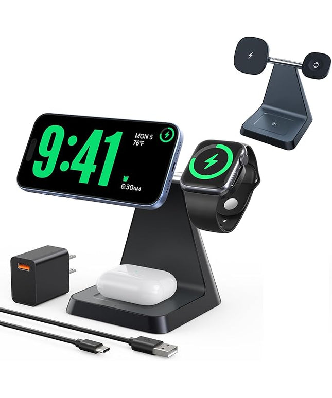 Charging Station for Multiple Devices Apple: 3 in 1 Magnetic Wireless Charger Stand for MagSafe-Compatible Nightstand Charging Dock for iPhone 17 16 15 14 13 12 Pro Max Plus Apple Watch Airpods