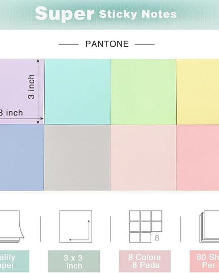 Sticky Notes 3x3 Inch, 8 Pads Light Colors Self-Adhesive, 8 Assorted Pastel Colors, 80 Sheets/Pad, Reusable Notepads for Office, School, and Home