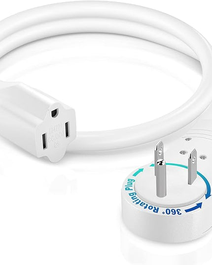 Maximm Cable 1 Feet 14Awg 360° Rotating Flat Plug Extension Cord/Wire, 3 Prong Grounded Wire, Heavy Duty Extension Cord - UL Certified - White