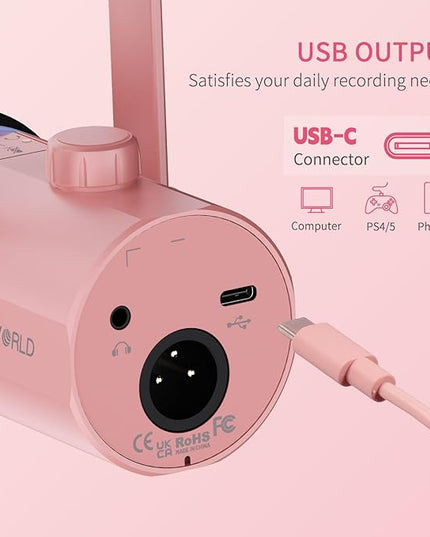 FEELWORLD PM1 XLR USB Dynamic Microphone Gifts for Podcast Recording PC Computer Gaming Live Streaming Vocal Voice-Over, Studio Metal Mic with RGB Light, Mute Button, Headphones Jack (Pink)