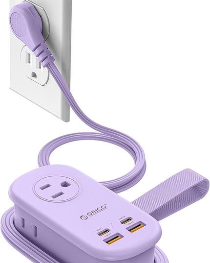 ORICO 65W GaN Travel Power Strip with 7-in-1 Charging Ports (3 AC Outlets/2 USB-A/2 USB-C), Flat Plug and 4FT Extension Cord, Fast Charger for MacBook Pro/Air, iPad Pro, iPhone 17/16/15- AP3