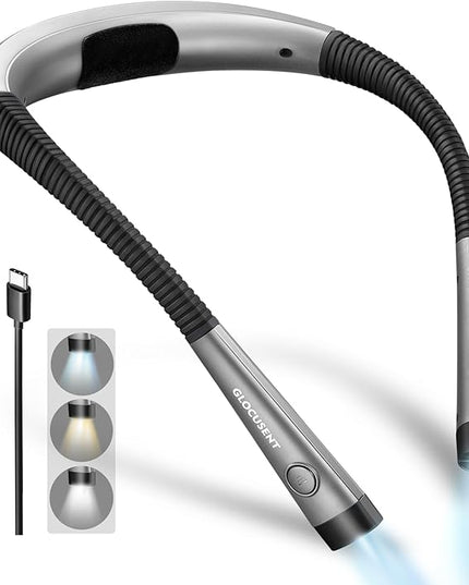Glocusent Book Light, 3-Color & 6-Brightness Reading Light, Bendable Neck Light, 80-hr Lasting Rechargeable Book Light, Perfect Reading Lights for Books in Bed, Knitting, Repairing, Book Lovers Gifts