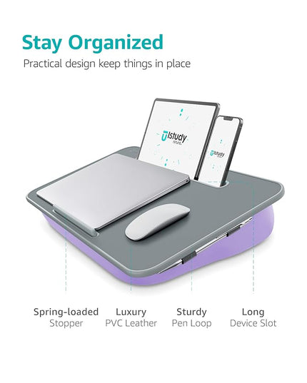 Istudyniture Lap Desk | Portable Laptop Desk & Stand – Fits Up to 17 inch – Washable Cushion, Built-in Phone Holder – for Bed, Couch, Sofa, Floor – Writing, Reading, Home Office – Large, Purple