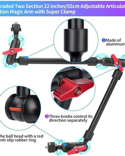 22" Magic Arm Camera Mount, Articulating Arm Tripod Clamp w Thread Adapter, Friction Camera Boom Arm, Overhead Desk Mount Clamp Stand for Phone, Webcam, Mic, Video Rig, Tripod Light