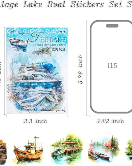 Dwpetzo Vintage Lake Boat Scenery Scrapbook Stickers Set, 120 Pieces Decorative Transparent PET Stickers for Journaling, Junk Journal Supplies, Collage, Scrap Book, Bujo