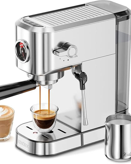 20Bar Espresso Machine, Compact Espresso Maker with Milk Frother, Stainless Steel Coffee Machine for Cappuccino&Latte, 42oz Water Tank, Visible Pressure Gauge, Home&Office, Silver