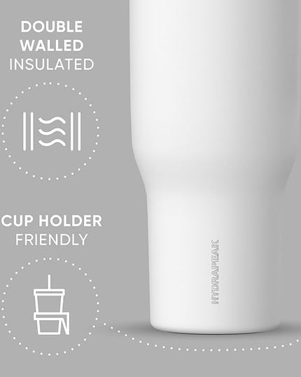 Hydrapeak Voyager 40 Oz Stainless Steel Tumbler with Handle, Insulated Water Bottle With Straw & Lid, Cupholder Friendly Reusable Travel Mug (White)