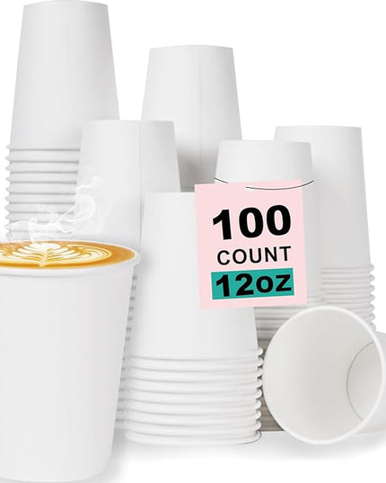 Paper Coffee Cups 12 OZ Disposable Hot and Cold Cups, Leak-Proof White Cups for Coffee, Tea, Ideal for Home, Office, and Events (100 Count)