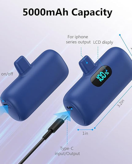[2 Pack] Mini Portable Charger 5000mAh,Ultra-Compact 15W PD Fast Charging Power Bank,LCD Display Cute Battery Pack Backup Charger Compatible with iPhone 14/14 Pro Max/13 Pro/12/11/XR/8/7-Black+ Blue