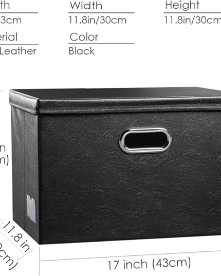 PRANDOM Large Foldable Storage Bins with Lids [3-Pack] Leather Fabric Collapsible Storage Boxes Organizer Containers Baskets Cube with Cover for Home Bedroom Closet Office Black(17.7x11.8x11.8)