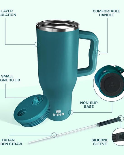 34HD 40 oz Stainless Steel Tumbler - Leakproof Insulated Water Bottle with Handle, Magnetic Lid and Flexible Straw - Iced for 48 Hours – Perfect for Men, Women, Birthday Gift, Green - Teal Mirage