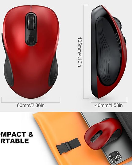 WisFox 2.4G Wireless Mouse for Laptop, Ergonomic Computer Mouse with USB Receiver and Type-C Adapter, 6 Button Cordless Mouse Wireless Mice for Windows Mac PC Notebook (Red)